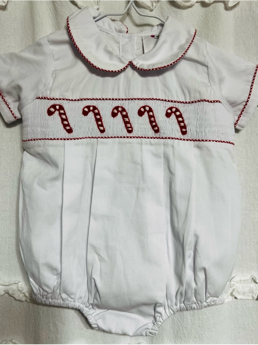 Classic White Baby Bodysuit with Red Smocked Candy Canes
